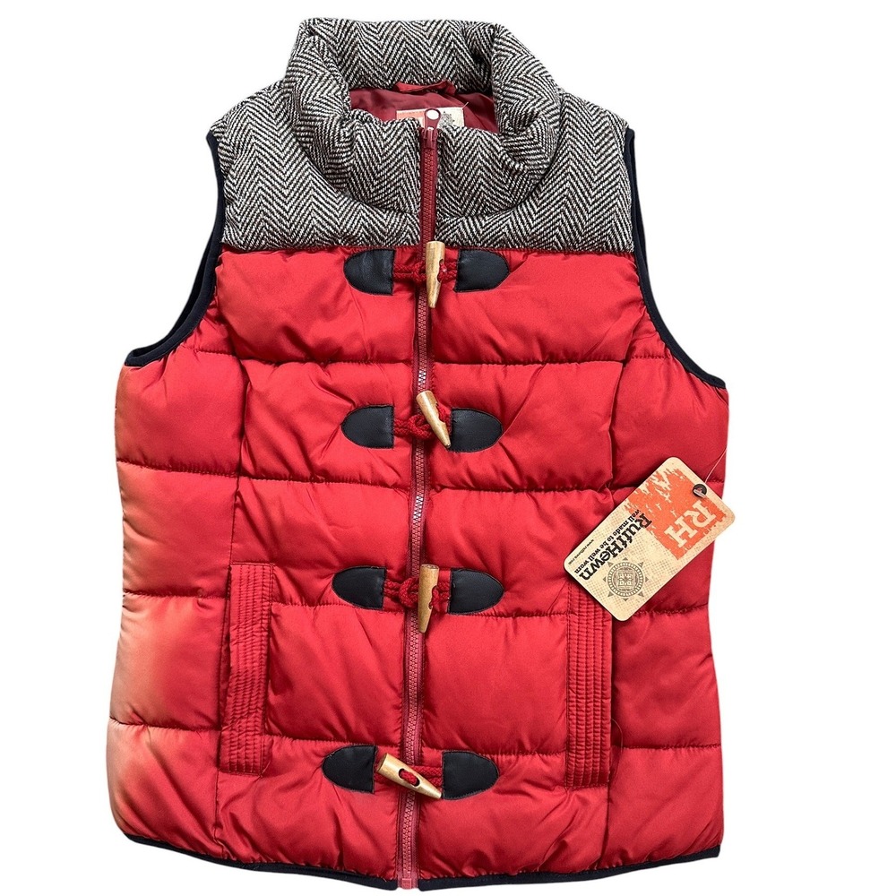 Ruff Hewn Puffer Vest Womens Petite Medium Red Herringbone Toggle New RH4HC872P
